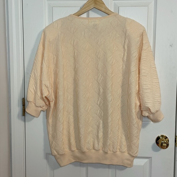 90s Vintage Appliquéd Top, Rafael, peach, purple, pink, satin flowers, 1X - Picture 4 of 4